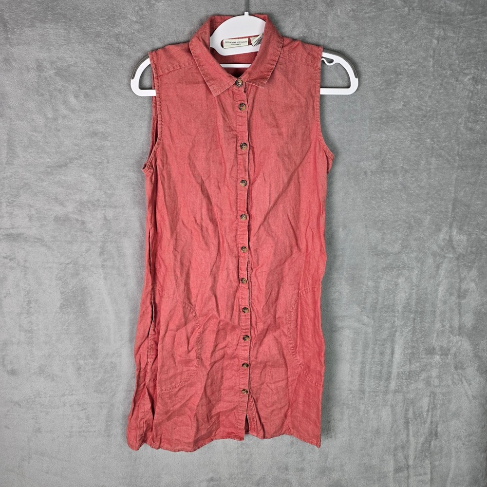 Adrienne Vittadini Womens XS Pink 100% Linen Sleeveless Button Front Shirtdress